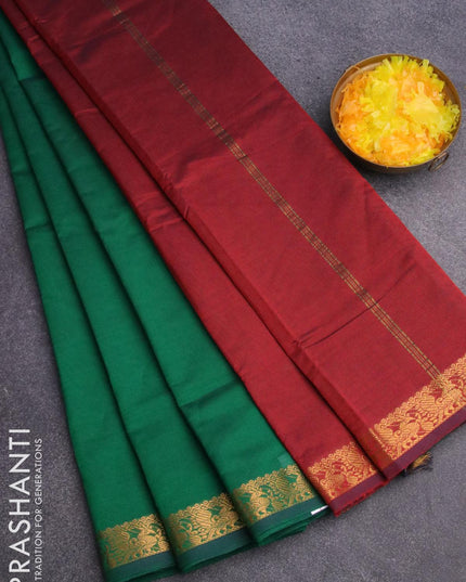 10 yards semi silk saree green and maroon with plain body and annam zari woven border without blouse - {{ collection.title }} by Prashanti Sarees