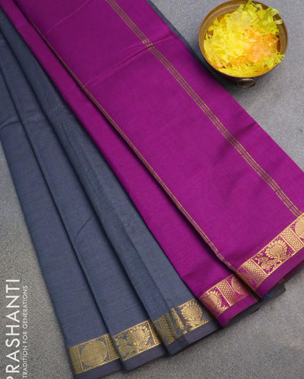 10 yards semi silk saree grey and purple with plain body and rudhraksha & annam zari woven border without blouse - {{ collection.title }} by Prashanti Sarees
