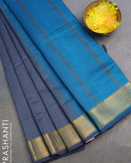 10 yards semi silk saree grey and teal blue with plain body and zari woven border without blouse - {{ collection.title }} by Prashanti Sarees