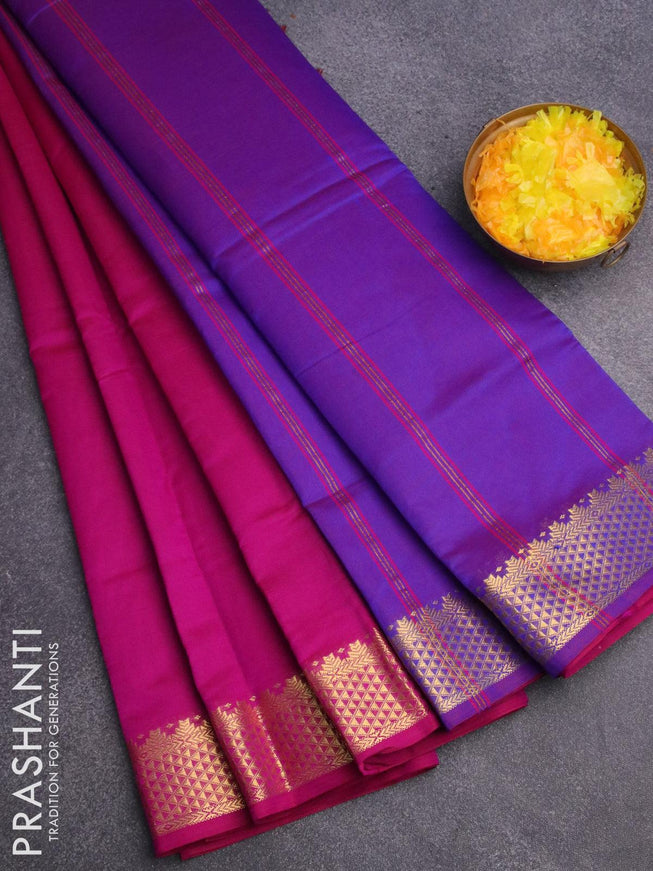 10 yards semi silk saree magenta pink and dual shade of blue with plain body and zari woven border without blouse - {{ collection.title }} by Prashanti Sarees