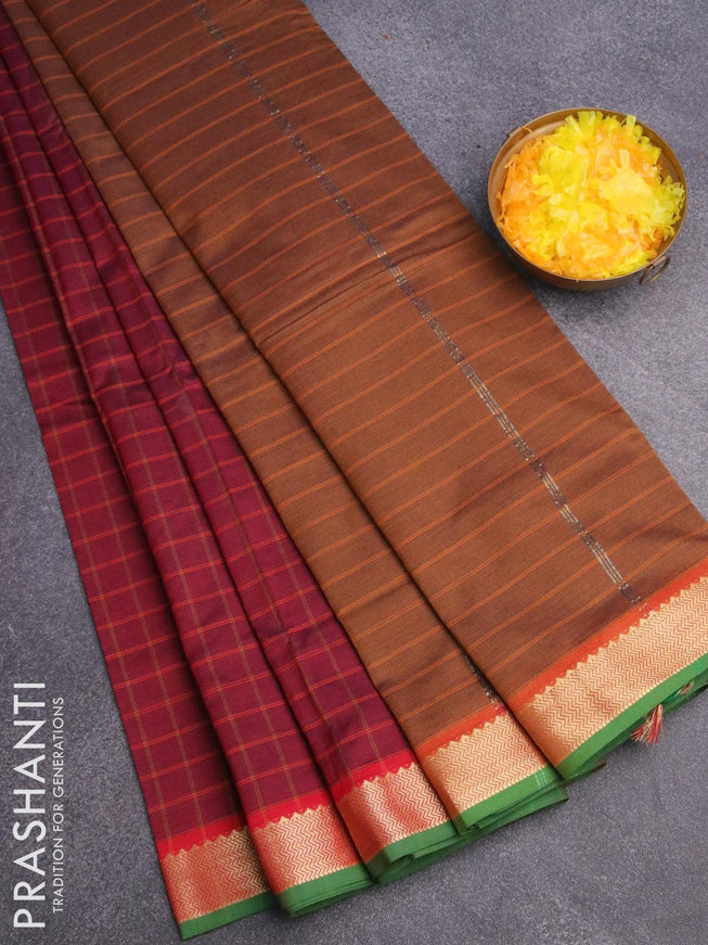 10 yards semi silk saree maroon and dark mustard with allover checked pattern and zari woven border without blouse - {{ collection.title }} by Prashanti Sarees