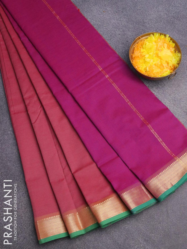 10 yards semi silk saree maroon shade and green with plain body and zari woven border without blouse - {{ collection.title }} by Prashanti Sarees