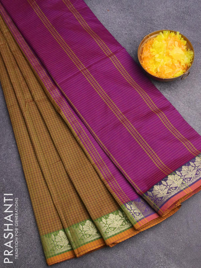 10 yards semi silk saree mehendi green and violet with allover small checked pattern and zari woven border without blouse - {{ collection.title }} by Prashanti Sarees