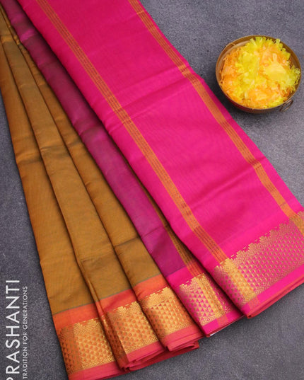 10 yards semi silk saree mustard yellow and pink with plain body and zari woven border without blouse - {{ collection.title }} by Prashanti Sarees
