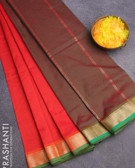 10 yards semi silk saree orange and manthulir green with plain body and zari woven border without blouse - {{ collection.title }} by Prashanti Sarees