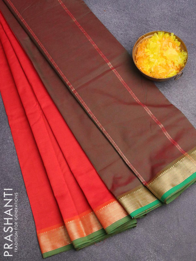 10 yards semi silk saree orange and manthulir green with plain body and zari woven border without blouse - {{ collection.title }} by Prashanti Sarees