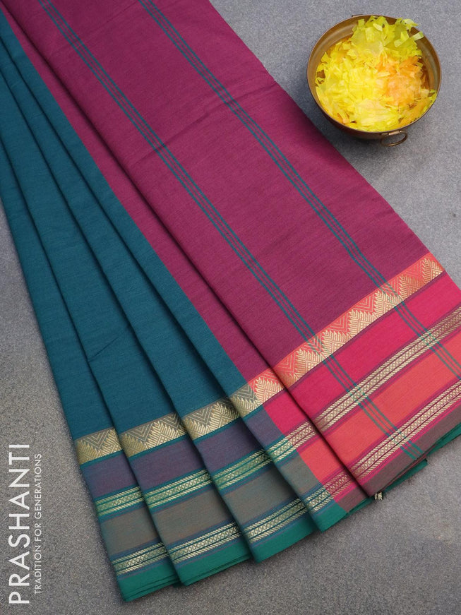 10 yards semi silk saree peacock blue and mauve pink with plain body and zari woven simple border without blouse - {{ collection.title }} by Prashanti Sarees