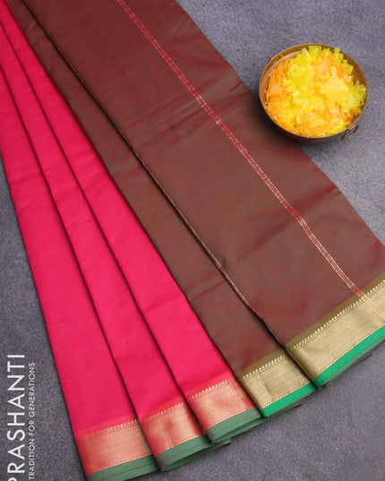 10 yards semi silk saree pink and manthulir green with plain body and zari woven border without blouse - {{ collection.title }} by Prashanti Sarees
