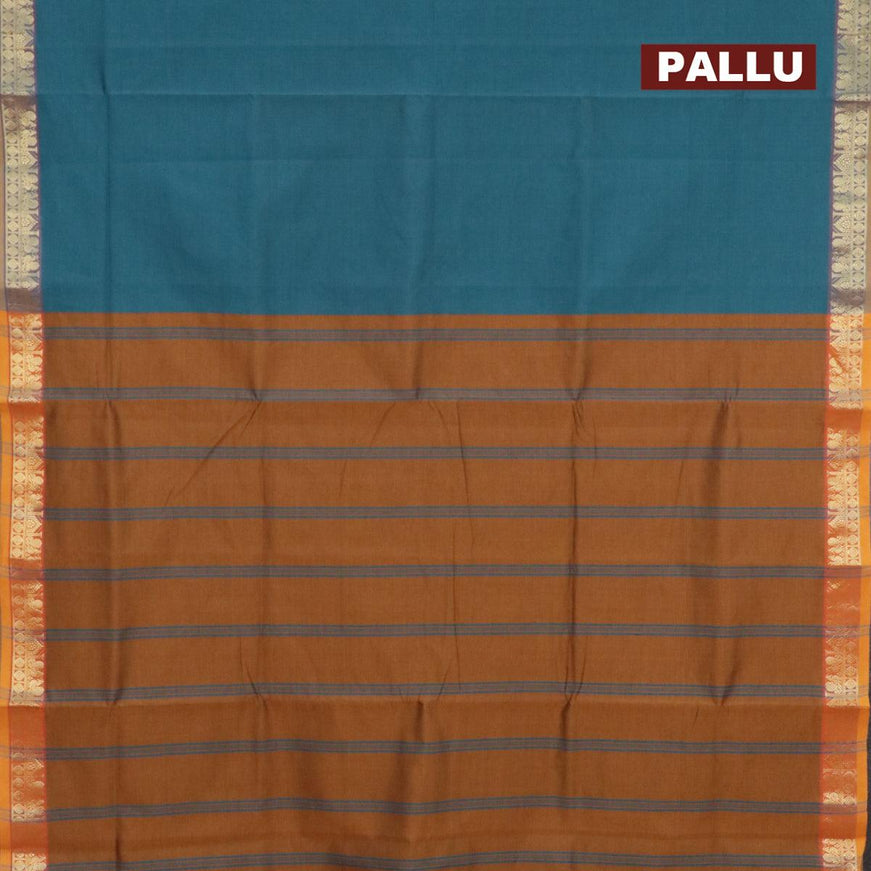10 yards semi silk saree teal blue and dark mustard with plain body and zari woven border without blouse - {{ collection.title }} by Prashanti Sarees