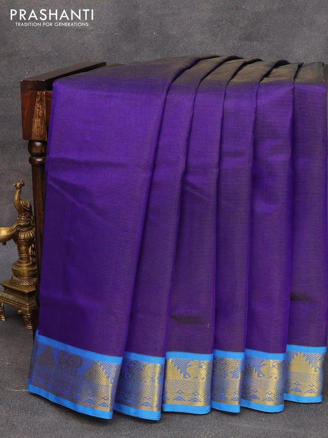10 yards silk cotton saree blue and cs blue with allover vairosi pattern and annam & temple zari woven border without blouse - {{ collection.title }} by Prashanti Sarees