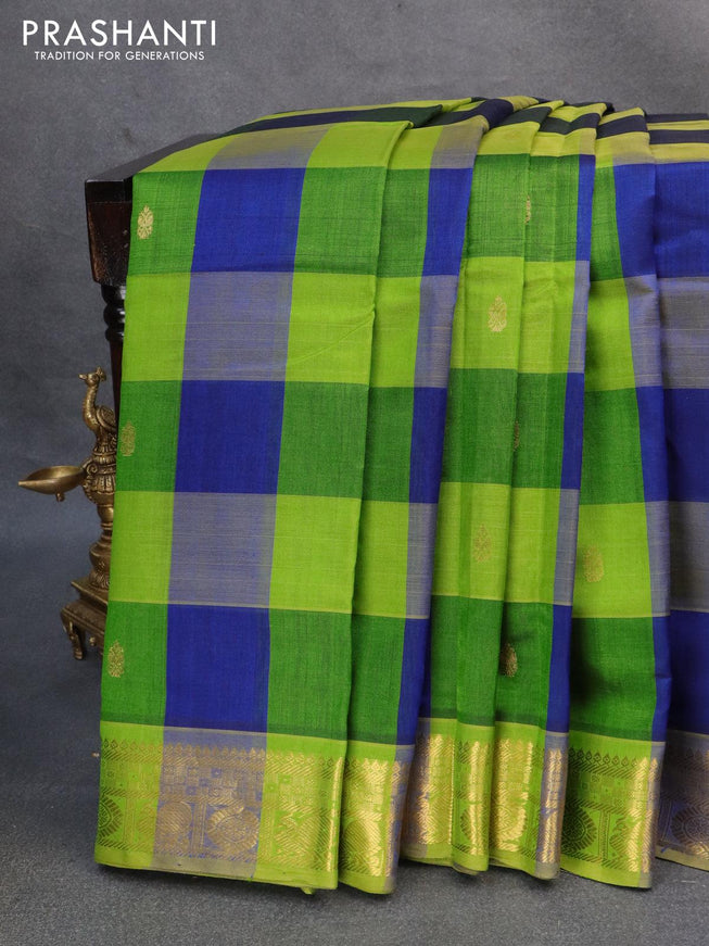 10 yards silk cotton saree blue and light green with paalum pazhamum checked pattern & zari buttas and annam zari woven border without blouse - {{ collection.title }} by Prashanti Sarees