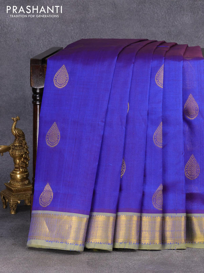 10 yards silk cotton saree blue and light green with zari woven buttas and zari woven border without blouse - {{ collection.title }} by Prashanti Sarees