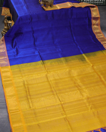 10 yards silk cotton saree blue and mustard yellow with plain body and zari woven border without blouse - {{ collection.title }} by Prashanti Sarees