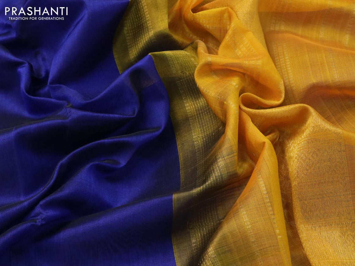 10 yards silk cotton saree blue and mustard yellow with plain body and zari woven border without blouse - {{ collection.title }} by Prashanti Sarees