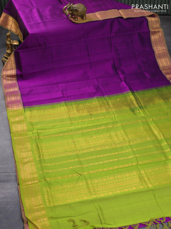 10 yards silk cotton saree deep purple and light green with plain body and zari woven border without blouse - {{ collection.title }} by Prashanti Sarees