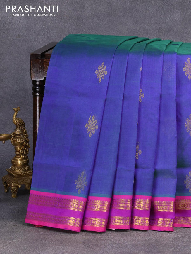 10 yards silk cotton saree dual shade of bluish green and pink with zari woven buttas and rettapet zari woven border without blouse - {{ collection.title }} by Prashanti Sarees