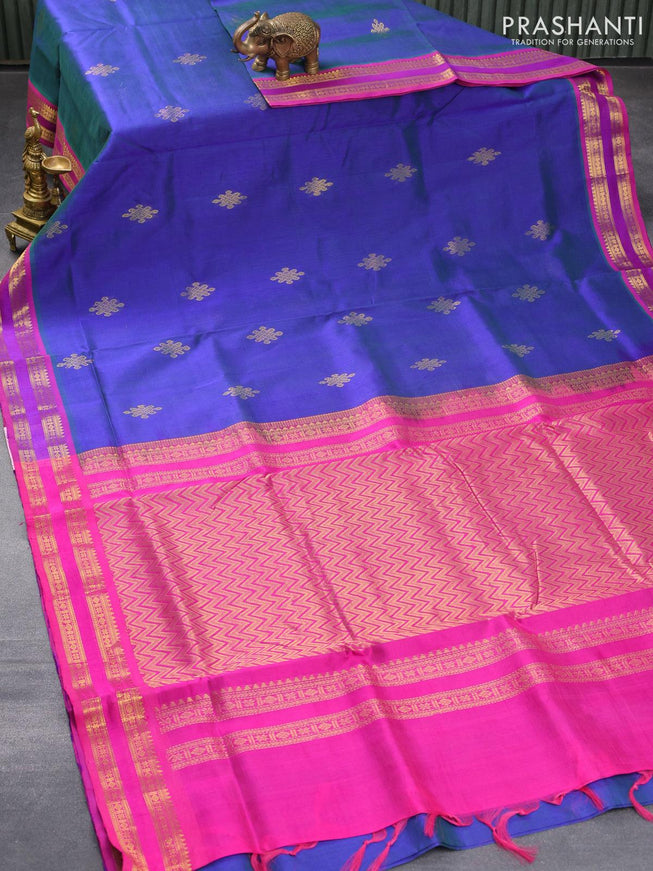 10 yards silk cotton saree dual shade of bluish green and pink with zari woven buttas and rettapet zari woven border without blouse - {{ collection.title }} by Prashanti Sarees