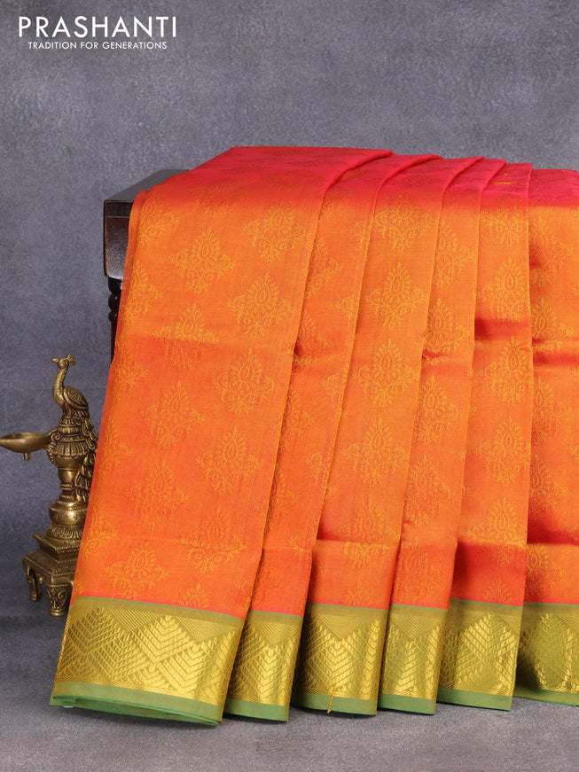 10 yards silk cotton saree dual shade of mustard yellow and green with allover self emboss jacquard and zari woven border without blouse - {{ collection.title }} by Prashanti Sarees
