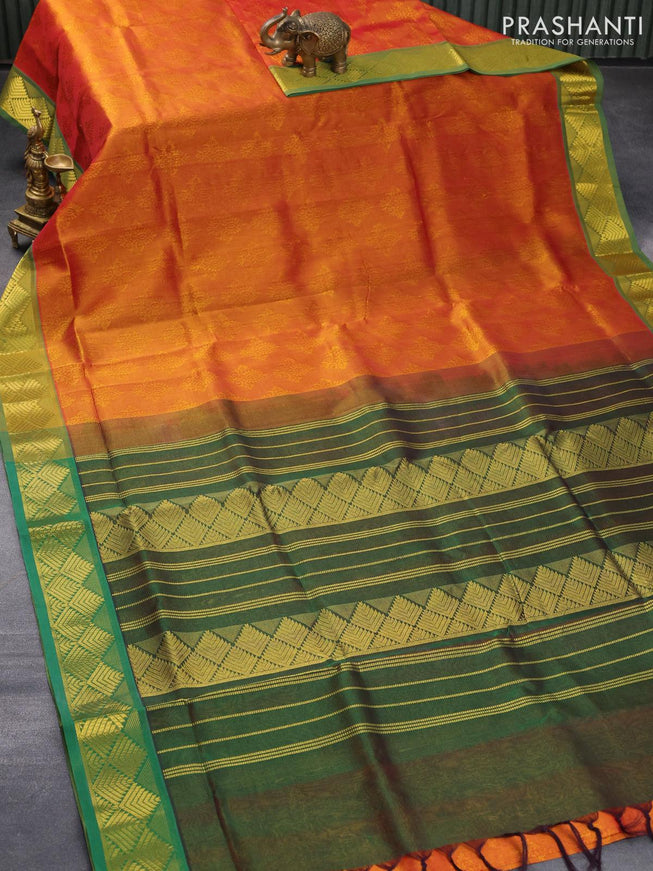 10 yards silk cotton saree dual shade of mustard yellow and green with allover self emboss jacquard and zari woven border without blouse - {{ collection.title }} by Prashanti Sarees