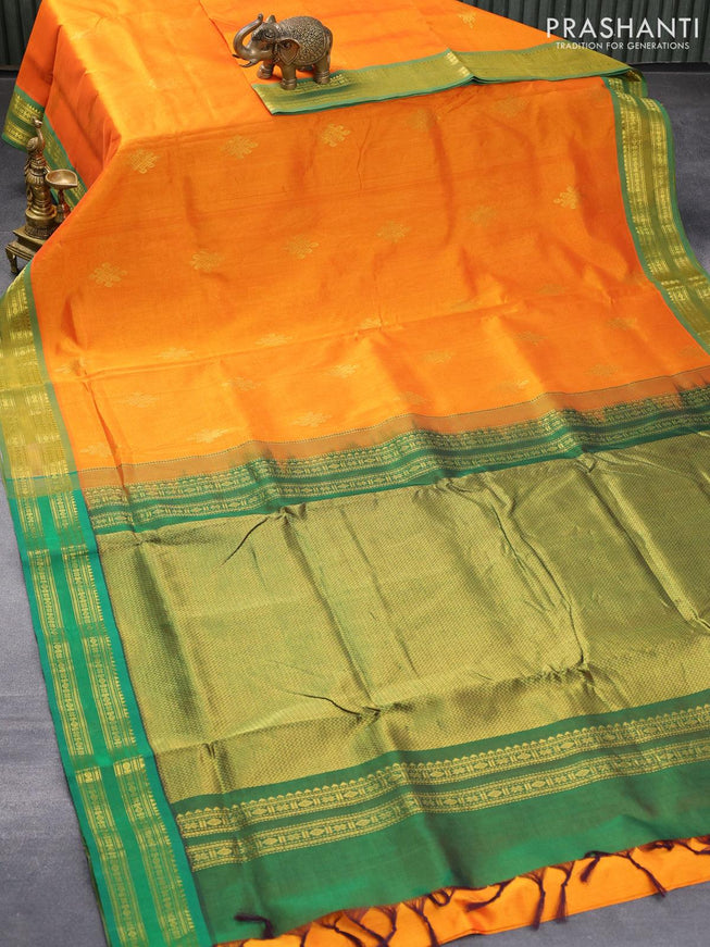 10 yards silk cotton saree dual shade of mustard yellow and green with zari woven buttas and rettapet zari woven border without blouse - {{ collection.title }} by Prashanti Sarees