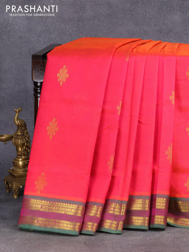 10 yards silk cotton saree dual shade of pinkish orange and green with zari woven buttas and rettapet zari woven border without blouse - {{ collection.title }} by Prashanti Sarees