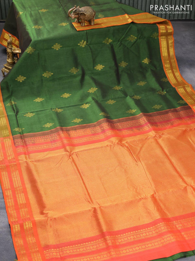 10 yards silk cotton saree green and orange with zari woven buttas and rettapet zari woven border without blouse - {{ collection.title }} by Prashanti Sarees