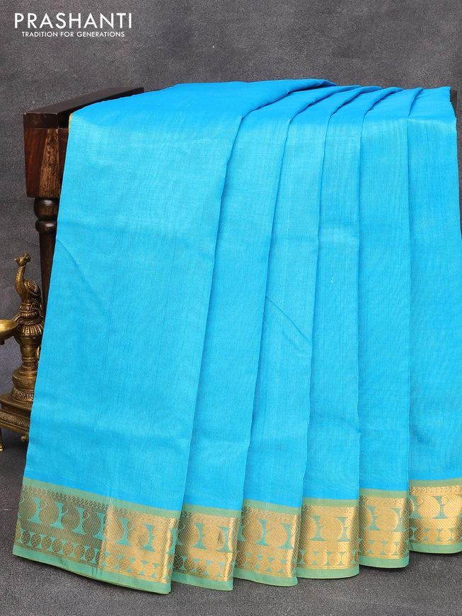 10 yards silk cotton saree light blue and light green with plain body and zari woven border without blouse - {{ collection.title }} by Prashanti Sarees