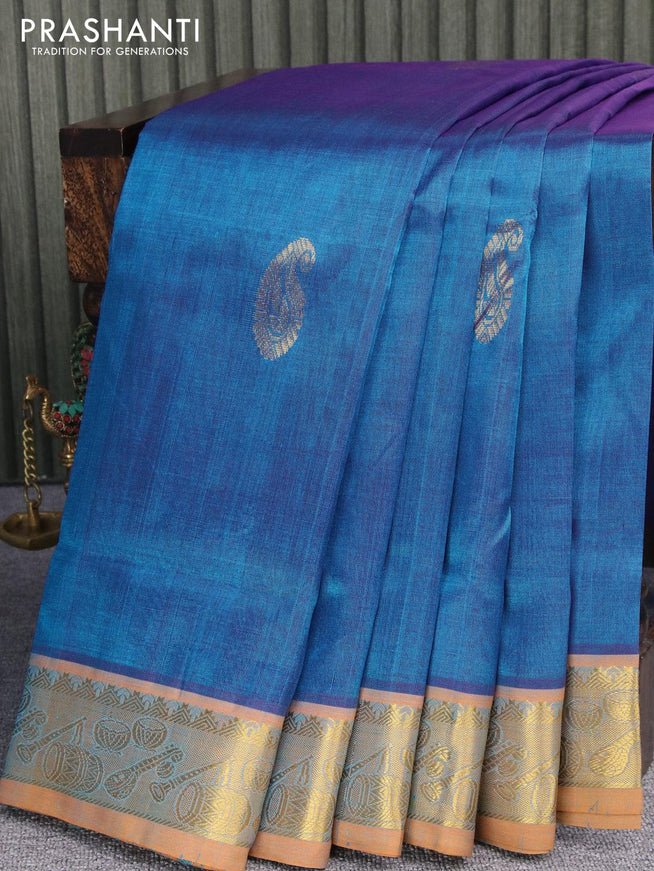 10 yards silk cotton saree light blue and mustard yellow with paisley zari woven buttas and zari woven border - {{ collection.title }} by Prashanti Sarees