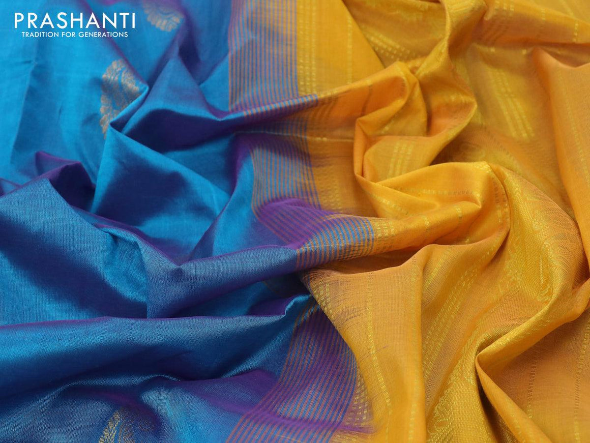 10 yards silk cotton saree light blue and mustard yellow with paisley zari woven buttas and zari woven border - {{ collection.title }} by Prashanti Sarees