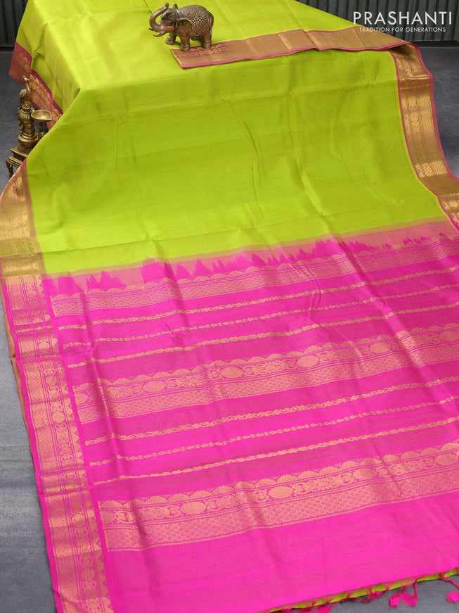 10 yards silk cotton saree lime green and pink with plain body and zari woven border without blouse - {{ collection.title }} by Prashanti Sarees