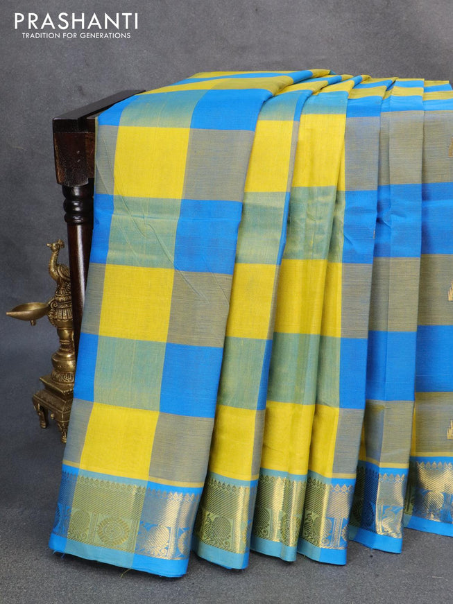 10 yards silk cotton saree lime yellow and cs blue with paalum pazhamum checked pattern & temple zari buttas and annam zari woven border without blouse - {{ collection.title }} by Prashanti Sarees