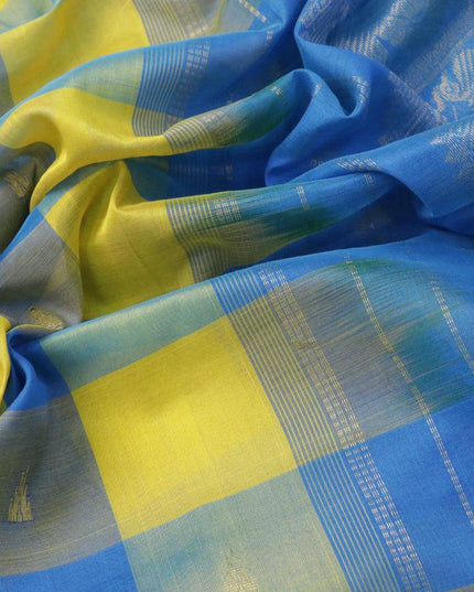 10 yards silk cotton saree lime yellow and cs blue with paalum pazhamum checked pattern & temple zari buttas and annam zari woven border without blouse - {{ collection.title }} by Prashanti Sarees