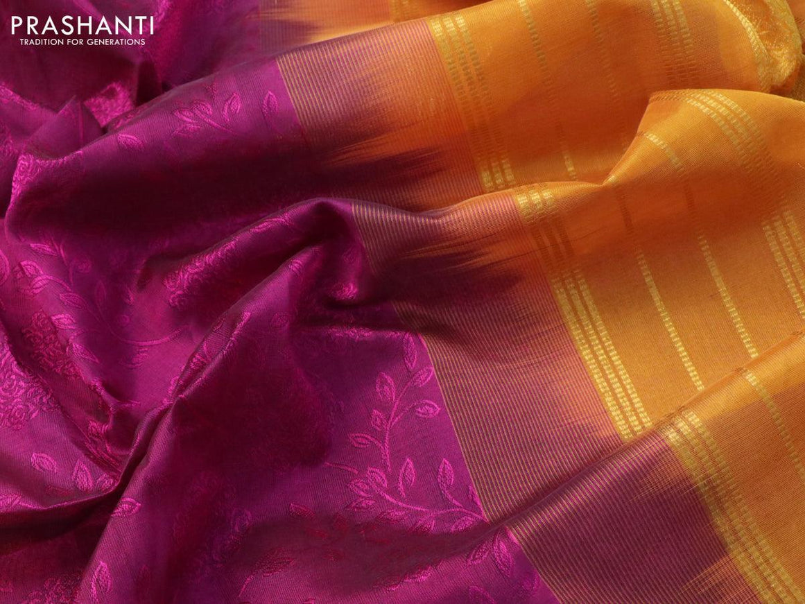 10 yards silk cotton saree magenta pink and mustard yellow with allover self emboss jacquard and zari woven border without blouse - {{ collection.title }} by Prashanti Sarees