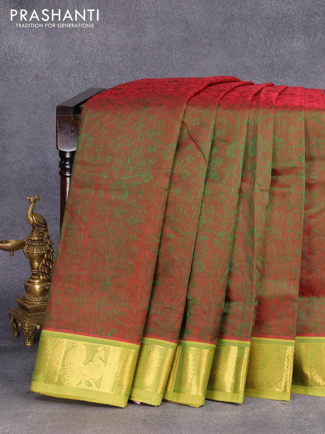 10 yards silk cotton saree mathulir green and lime yellow with allover self emboss jacquard and zari woven border without blouse - {{ collection.title }} by Prashanti Sarees