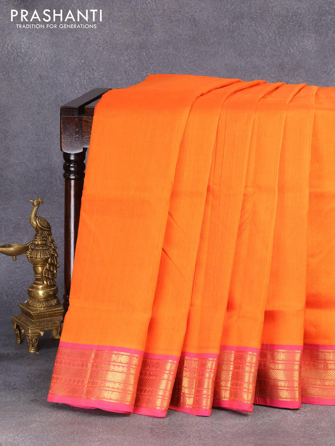 10 yards silk cotton saree orange and pink with plain body and zari woven border without blouse - {{ collection.title }} by Prashanti Sarees