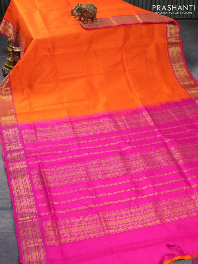 10 yards silk cotton saree orange and pink with plain body and zari woven border without blouse - {{ collection.title }} by Prashanti Sarees