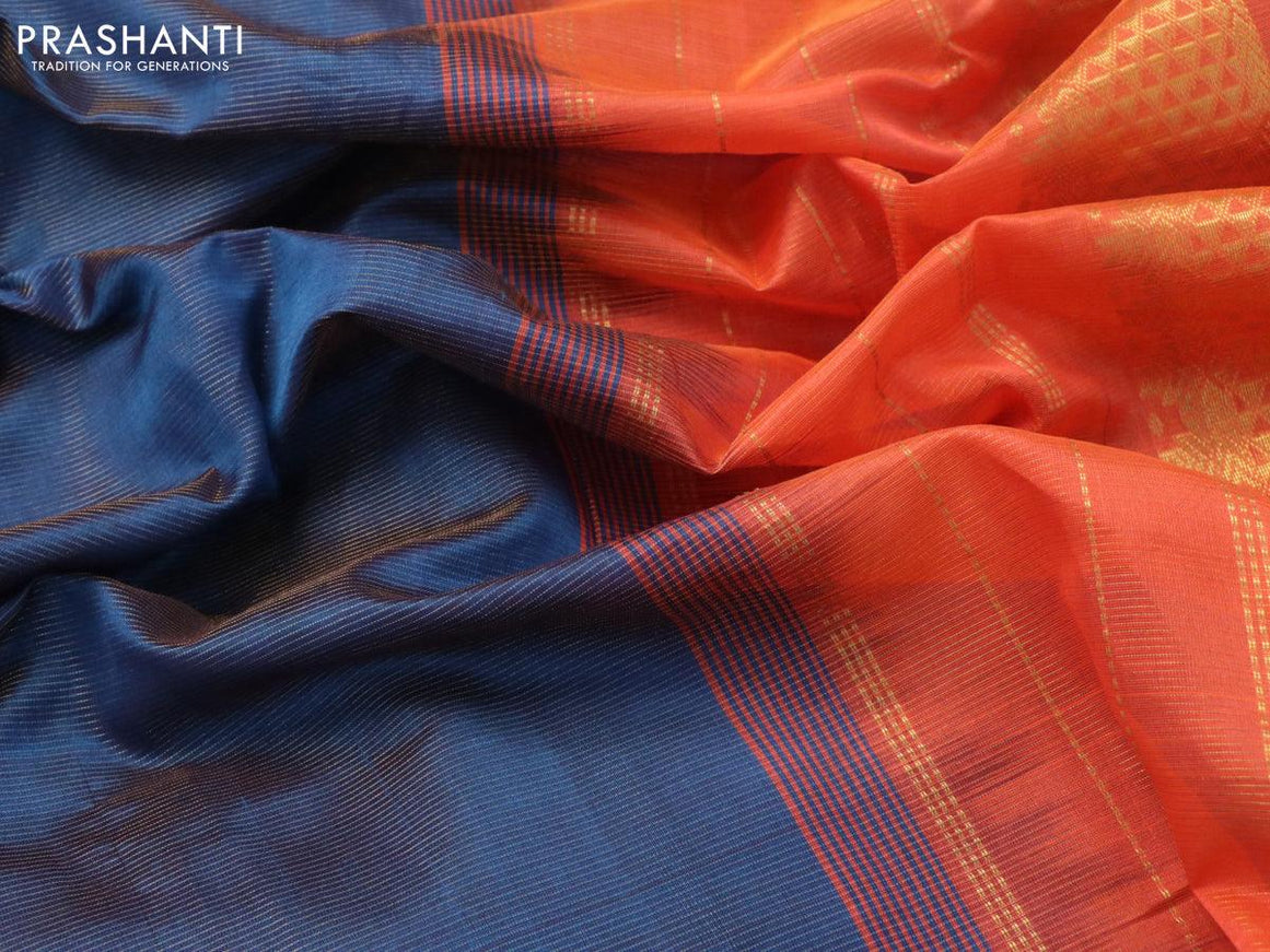 10 yards silk cotton saree peacock blue and orange with allover vairaosi pattern and zari woven border without blouse - {{ collection.title }} by Prashanti Sarees