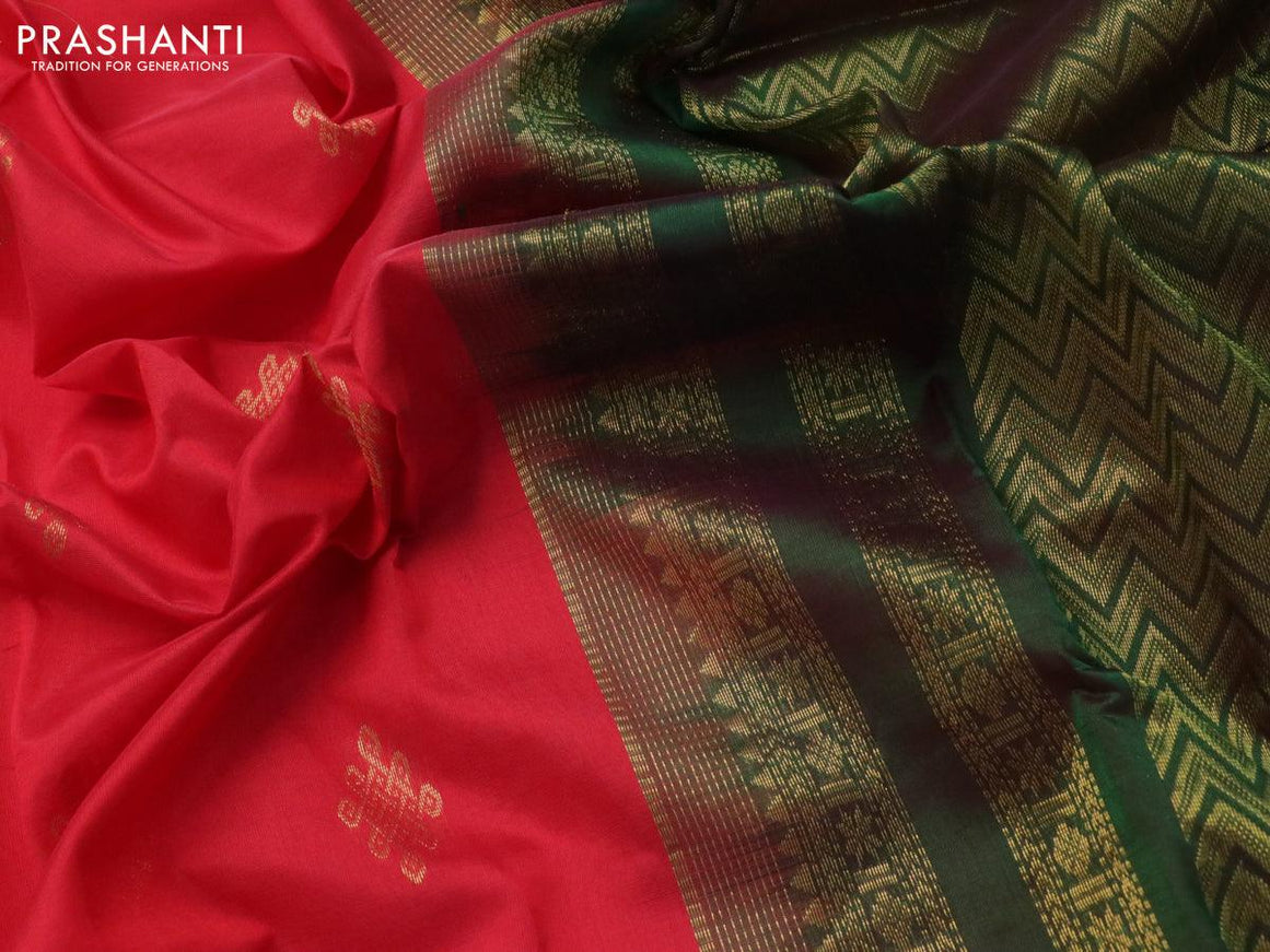 10 yards silk cotton saree red and green with zari woven buttas and rettapet zari woven border without blouse - {{ collection.title }} by Prashanti Sarees