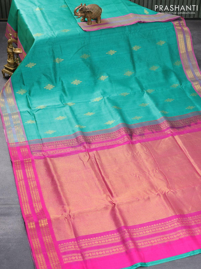 10 yards silk cotton saree teal green and pink with zari woven buttas and rettapet zari woven border without blouse - {{ collection.title }} by Prashanti Sarees