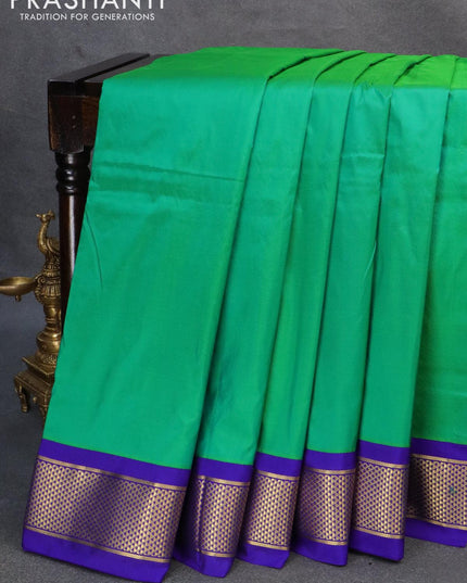 10 yards silk saree green and blue with plain body and zari woven border without blouse - {{ collection.title }} by Prashanti Sarees
