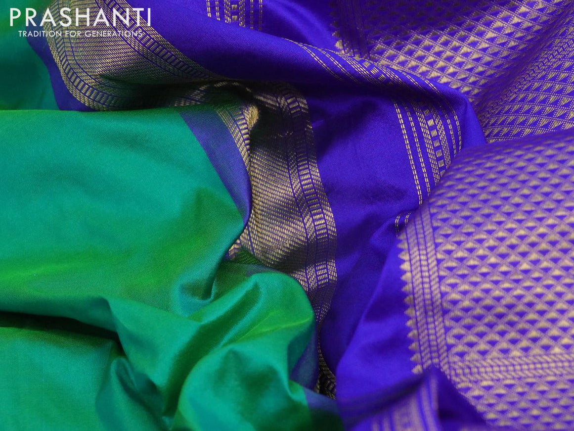 10 yards silk saree green and blue with plain body and zari woven border without blouse - {{ collection.title }} by Prashanti Sarees