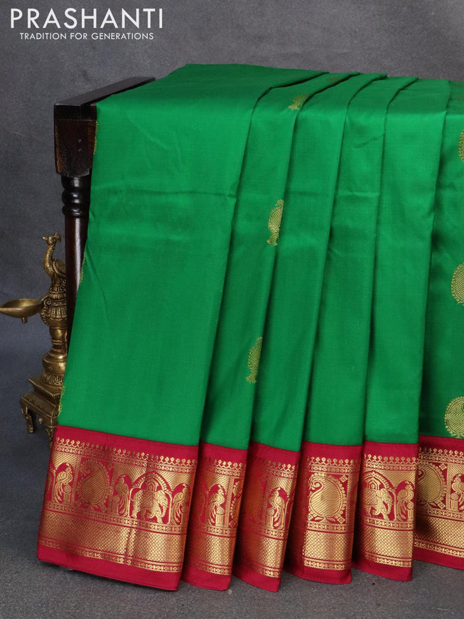 10 yards silk saree green and maroon with annam & paisley zari woven buttas and zari woven border without blouse - {{ collection.title }} by Prashanti Sarees