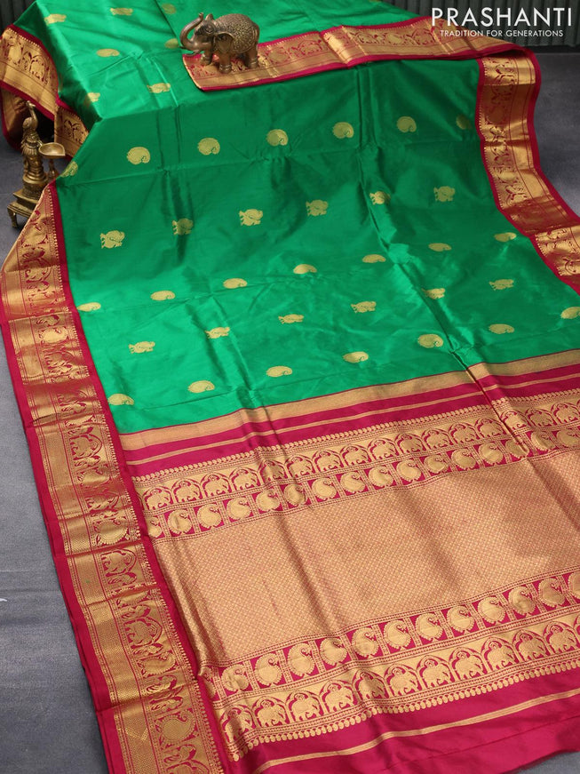 10 yards silk saree green and maroon with annam & paisley zari woven buttas and zari woven border without blouse - {{ collection.title }} by Prashanti Sarees
