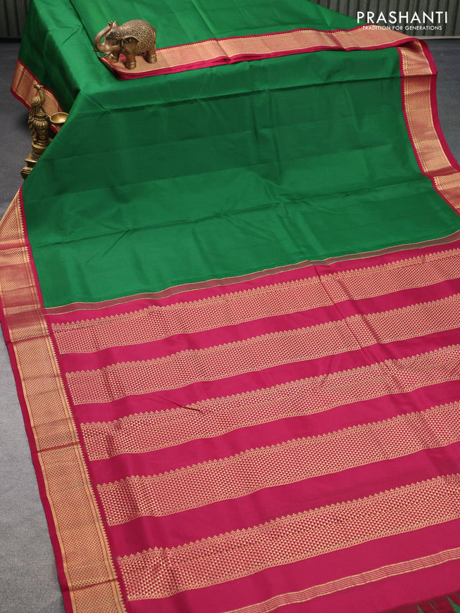 10 yards silk saree green and maroon with plain body and zari woven korvai border without blouse - {{ collection.title }} by Prashanti Sarees