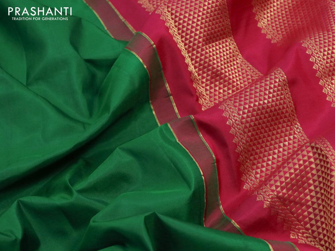 10 yards silk saree green and maroon with plain body and zari woven korvai border without blouse - {{ collection.title }} by Prashanti Sarees