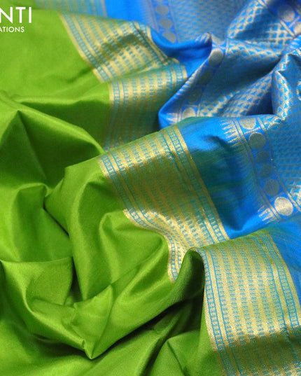 10 yards silk saree light green and cs blue with plain body and temple design zari woven border without blouse - {{ collection.title }} by Prashanti Sarees