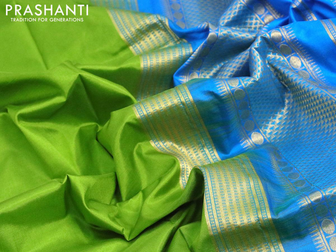 10 yards silk saree light green and cs blue with plain body and temple design zari woven border without blouse - {{ collection.title }} by Prashanti Sarees
