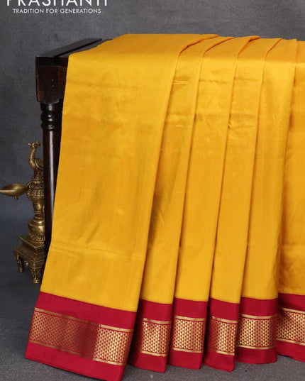 10 yards silk saree mustard yellow and dark magenta pink with plain body and zari woven border without blouse - {{ collection.title }} by Prashanti Sarees
