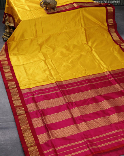 10 yards silk saree mustard yellow and dark magenta pink with plain body and zari woven border without blouse - {{ collection.title }} by Prashanti Sarees