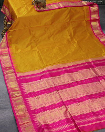 10 yards silk saree mustard yellow and pink with plain body and temple design zari woven border without blouse - {{ collection.title }} by Prashanti Sarees